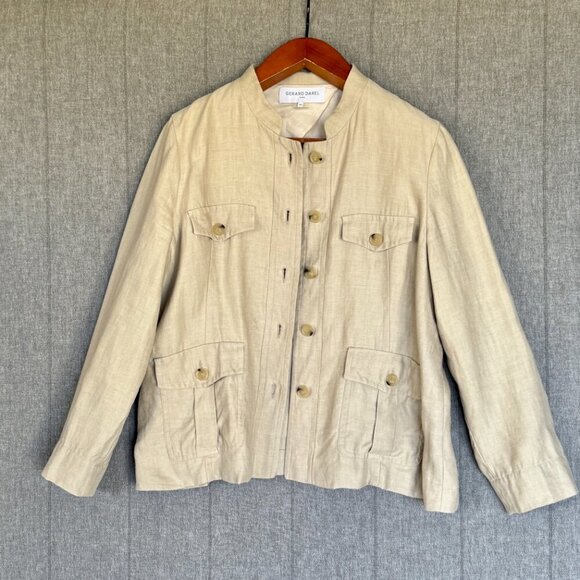 Gerard Darel Paris 100% Linen Oatmeal Light Tan Blazer Utility Jacket Size 14 - Picture 3 of 15